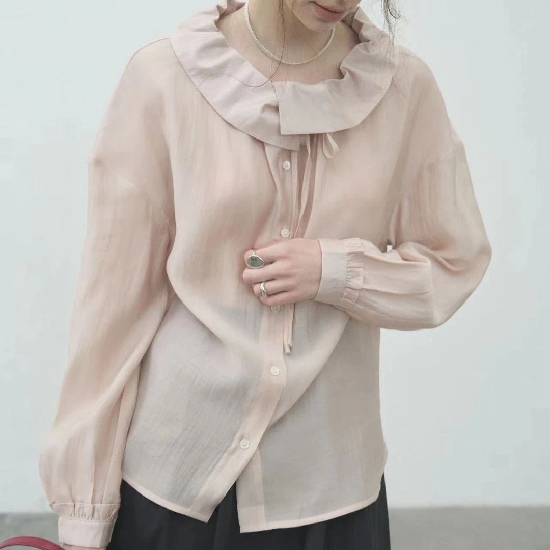 气质通勤显瘦设计感荷叶领系带长袖衬衫女