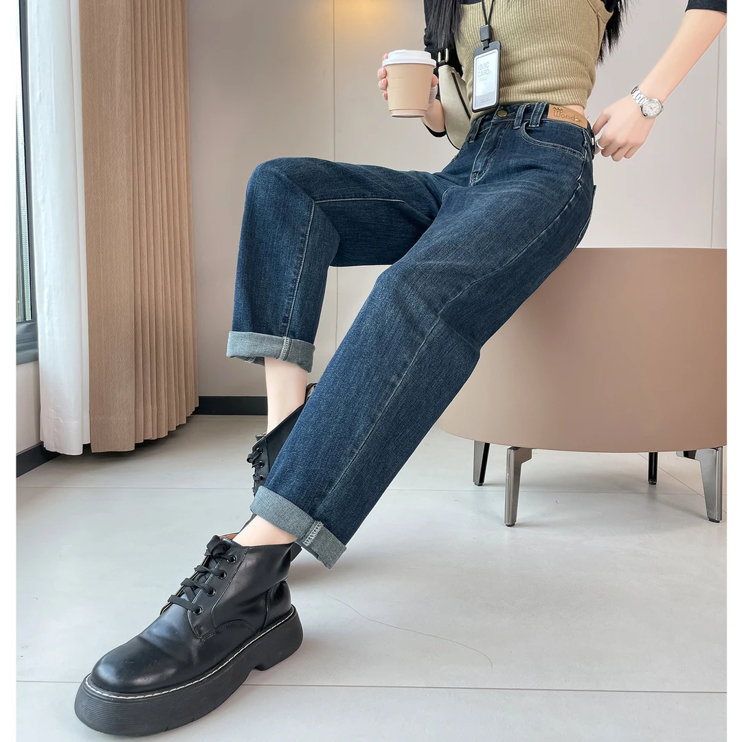 深蓝色高腰哈伦牛仔裤女春秋季2025新款宽松修身显瘦九分老爹裤子