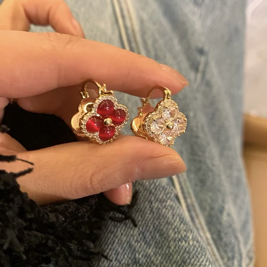 铜合金锆石耳饰 镶树脂花朵双面耳扣轻奢高级感耳环中古风时尚百