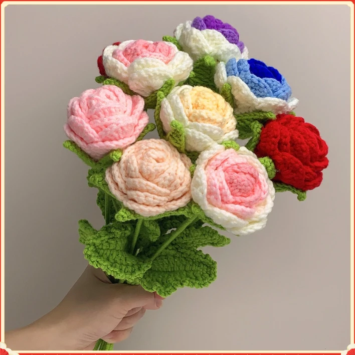 玫瑰花编织花束假花手工钩针仿真花毛线花朵成品情人节教师节礼F