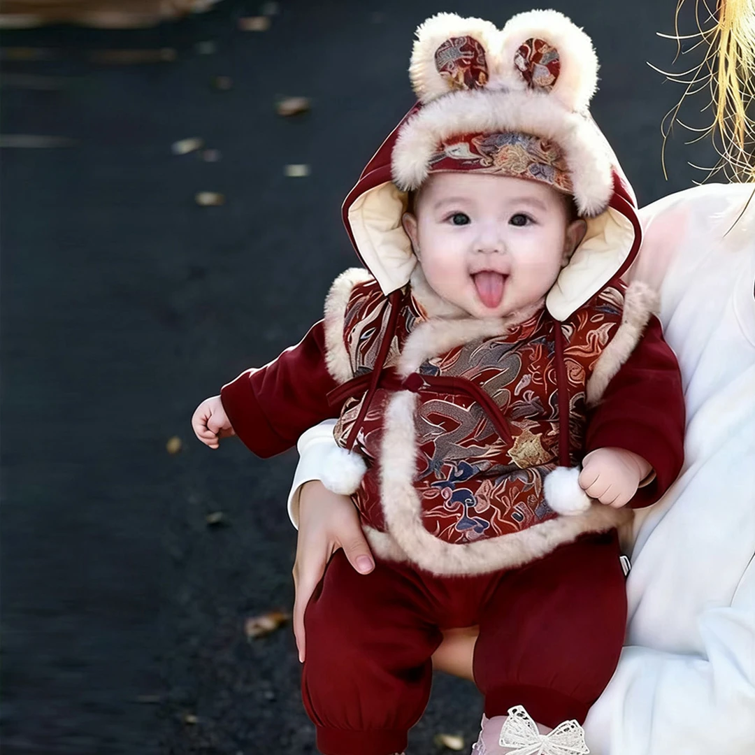 宝宝新年服周岁拜年服婴儿冬季加棉加厚连体衣服红色喜庆保暖棉服