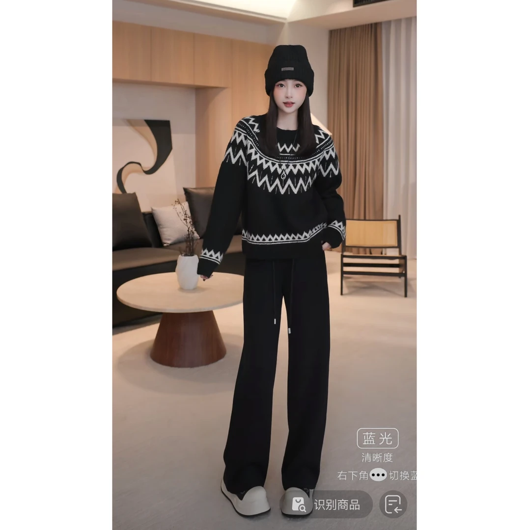 B12086冬季新款时尚设计感宽松复古花纹套头针织毛衣