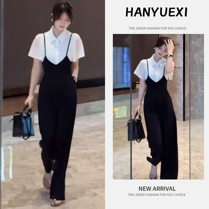 今年流行穿搭一整套2025新款夏季连体立领衬衫休闲背带长裤两件套