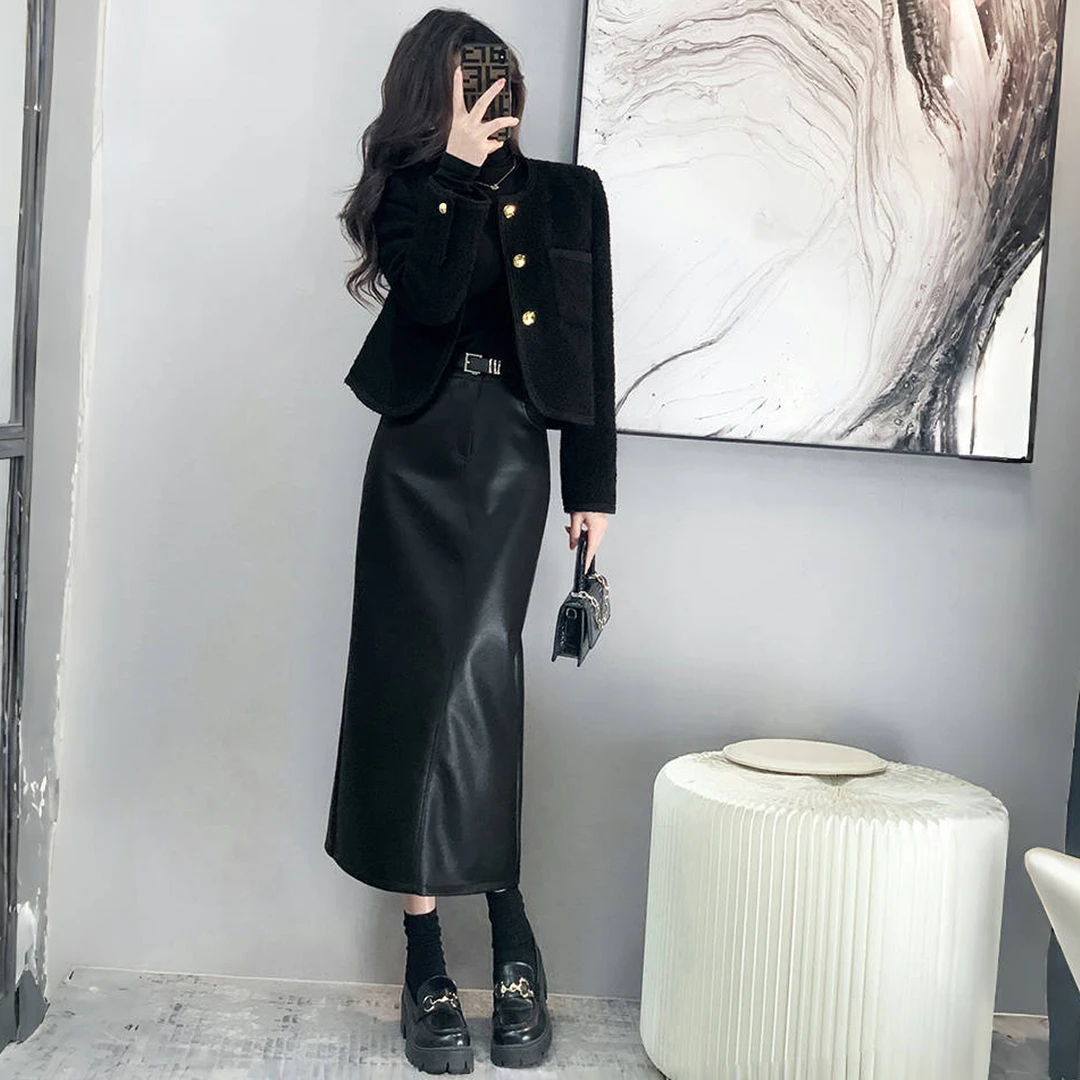 黑色皮裙半身裙女秋冬2025新款高腰开叉直筒包臀裙气质中长款裙子