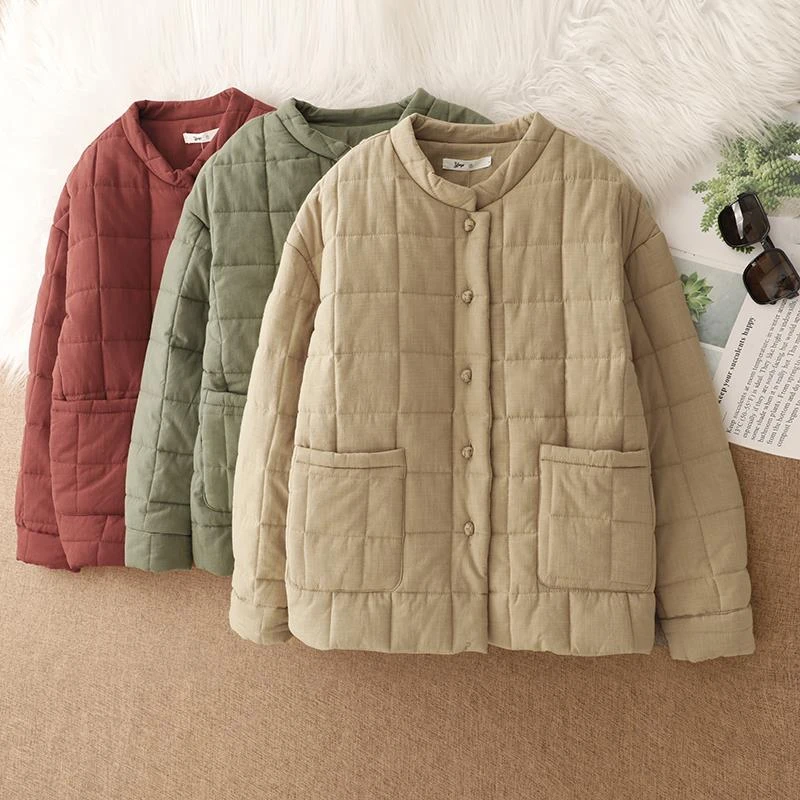 棉服女2025年新款冬季苎麻夹棉菱格外套短棉袄中式小立领盘扣棉衣