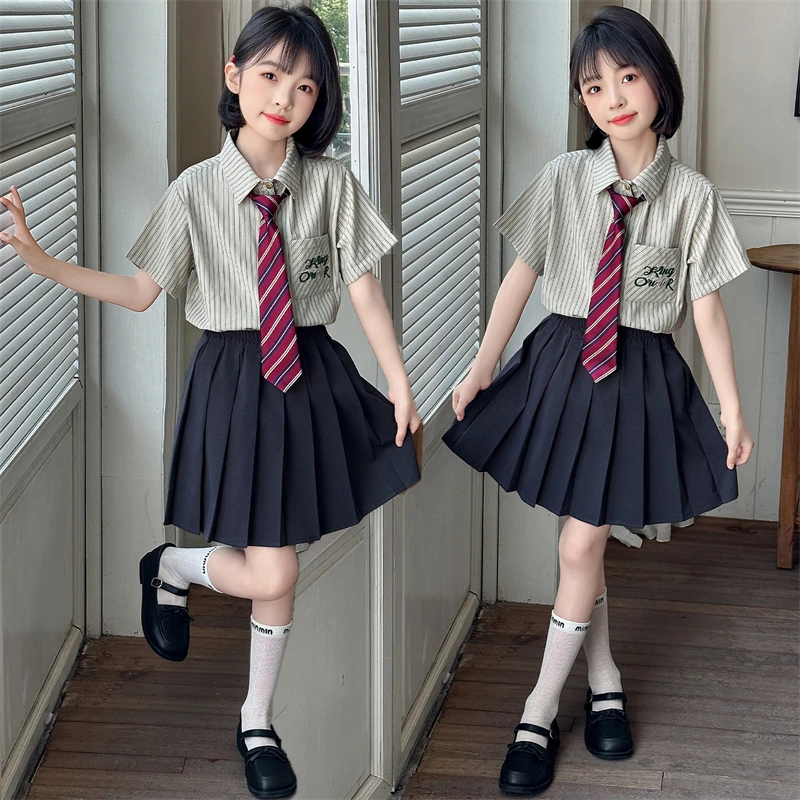 女童夏季穿搭短袖衬衫套装女大童夏装半身裙百褶裙学院风两件套