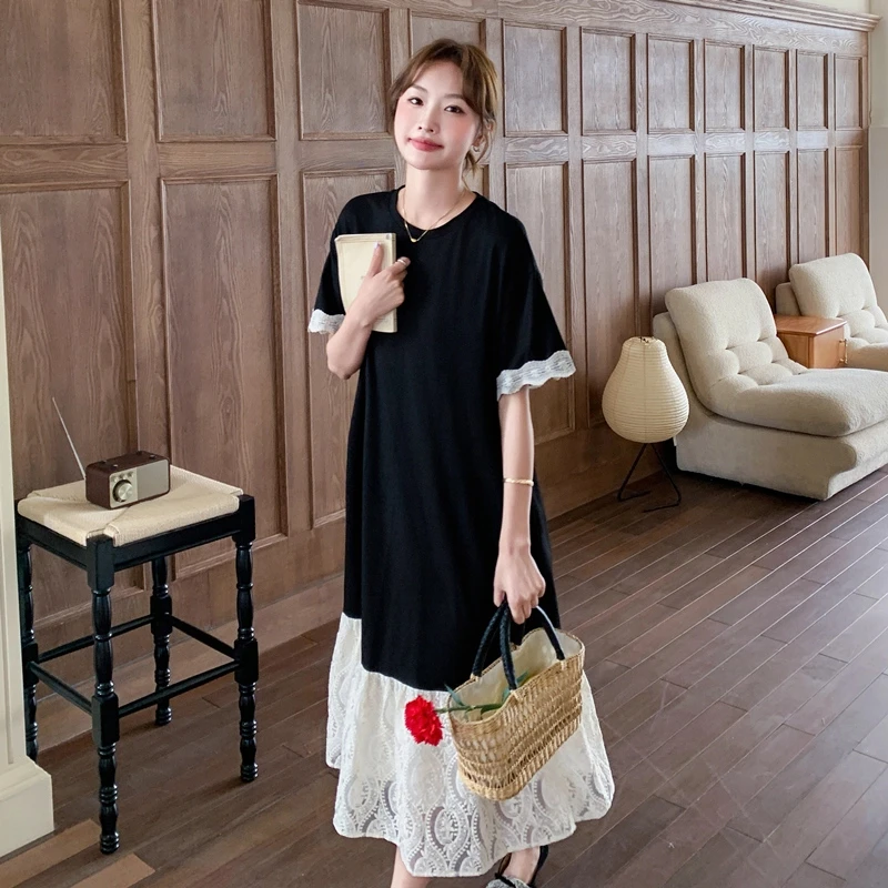气质黑色轻熟风休闲显瘦蕾丝拼接t恤长裙2025夏季新款时尚连衣裙