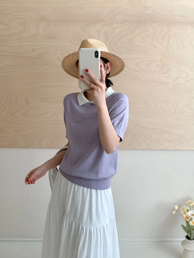 夏季POLO领圆领短袖拼色毛针织衫高腰洋气宽松白色针织衫打底