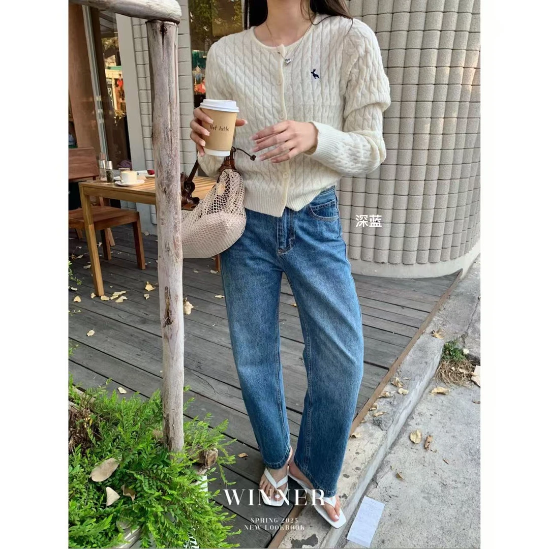 韩系窄版高腰显瘦直筒牛仔裤6679