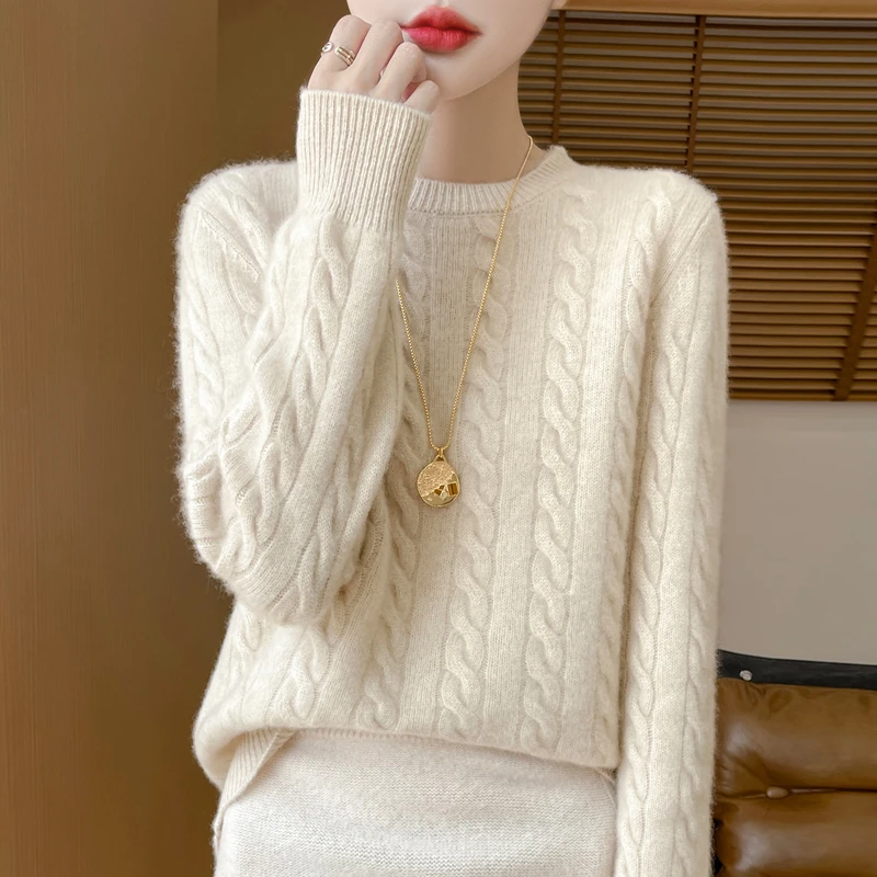 商场同款正品秋冬新款100%羊绒衫女圆领长袖套头毛衣针织打底上衣