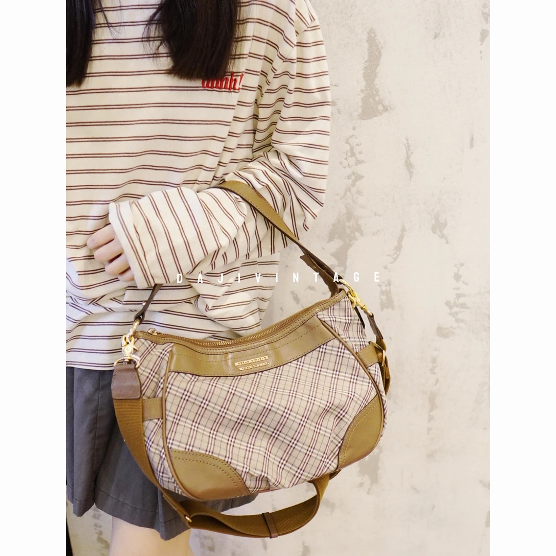 95新 BURBERRY/博柏利 大吉中古sz/Burberry粉棕格纹hobo单肩包