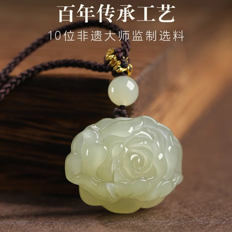 天然和田玉瑰花吊坠花开富贵女款精雕气质百搭挂件锁骨链玉坠珠宝