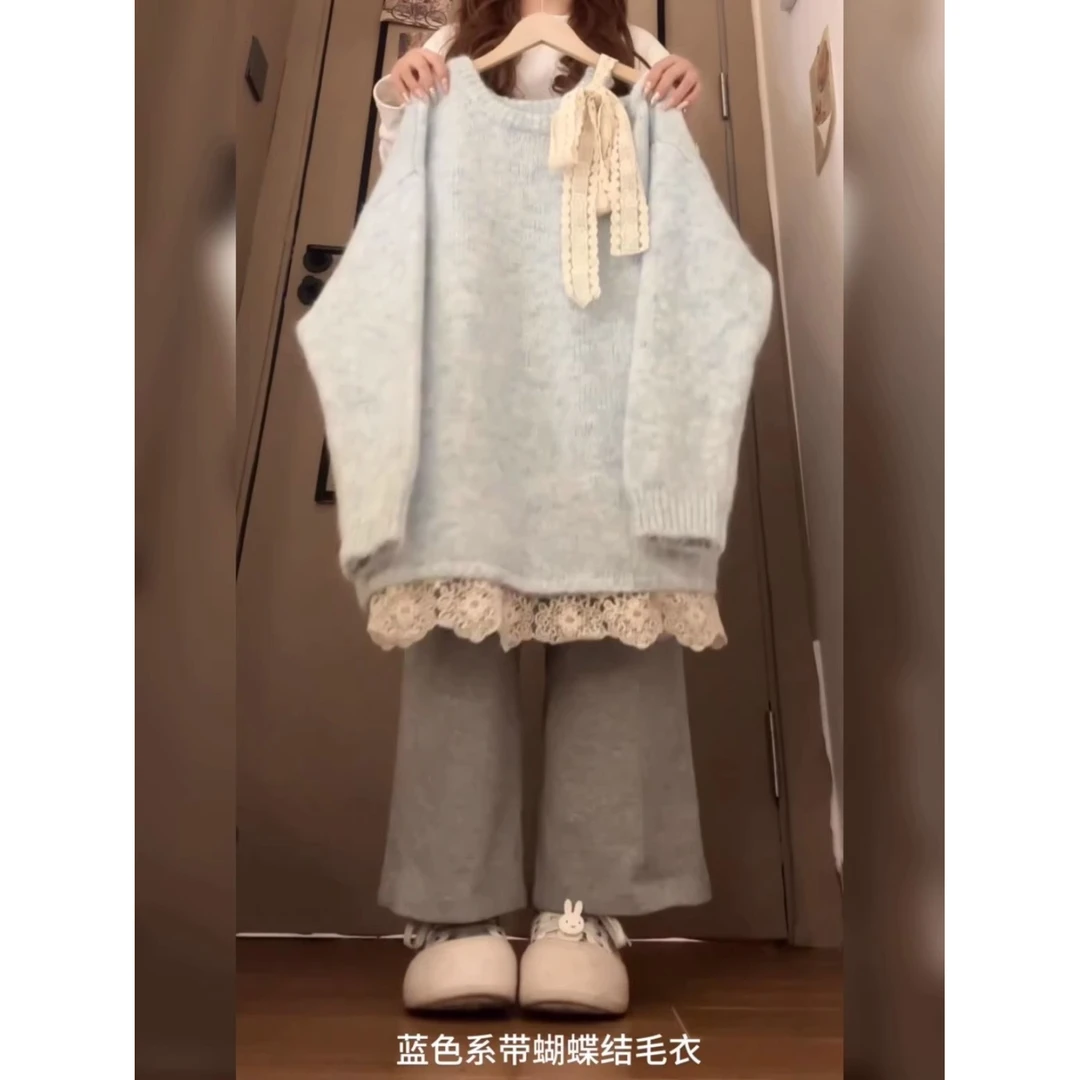 温柔淑女风蕾丝蝴蝶结系带长袖毛衣女春秋慵懒风宽松显瘦保暖上衣