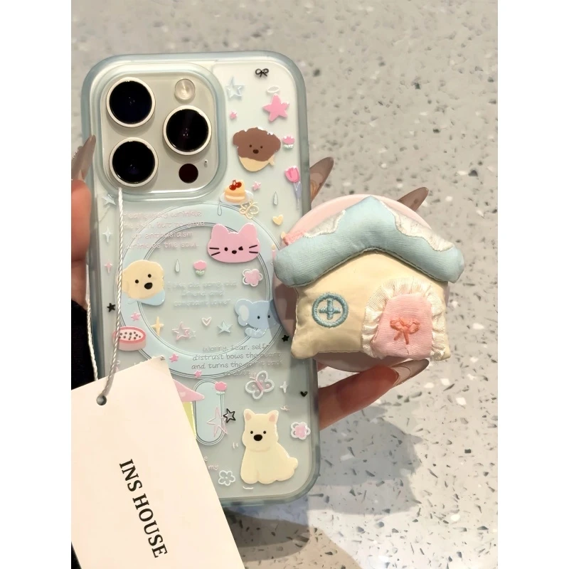 卡通白色小狗猫咪房屋支架iphone16promax手机壳苹果15pro磁吸14p