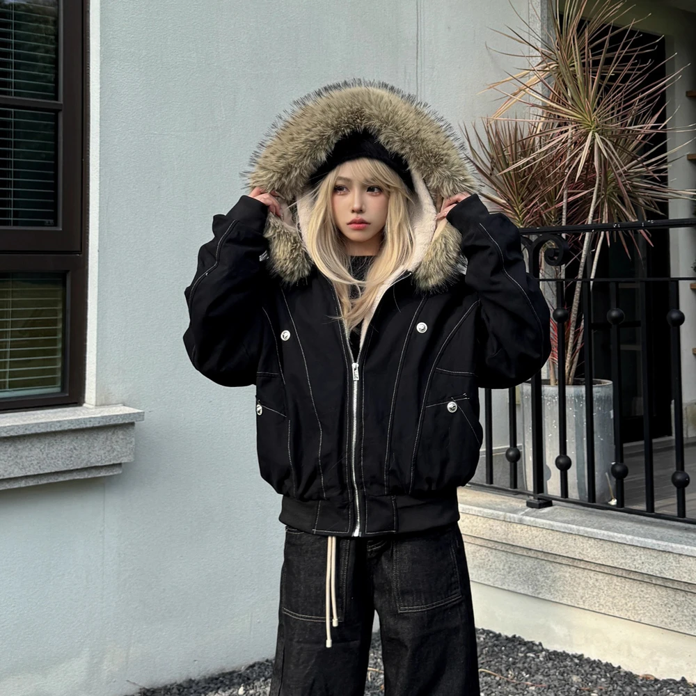 冬季仿兔毛大毛领连帽派克服女美式复古座山雕短款工装棉衣外套女