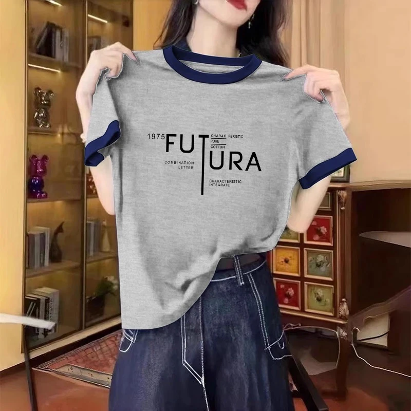 2025显瘦正肩撞色短袖T恤女不撞款圆领新款洋气休闲时尚上衣夏季