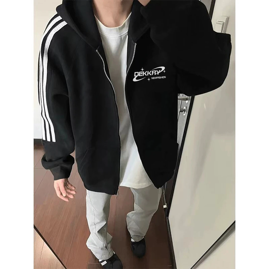 美式三条杠开衫卫衣男女秋冬季字母印花连帽学生潮流情侣百搭卫衣