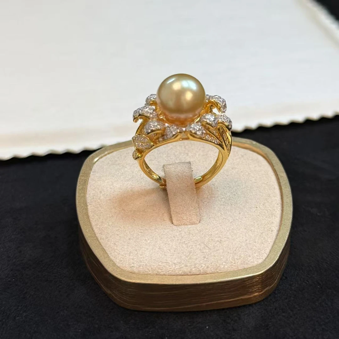 瀑布设计款海水珍珠戒指S925银浓金色南洋金珠戒指11-12mm AB094