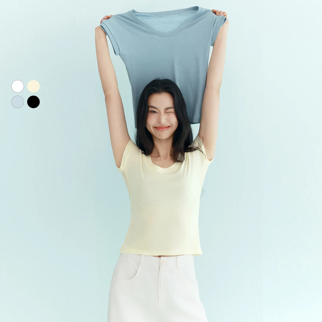 【衣衣专属】伊芙丽U领天丝羊毛弹力基础短袖T恤女春季1G4901581