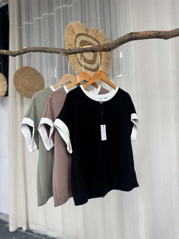 5979夏季空气层舒适透气三色拼接显瘦休闲T恤