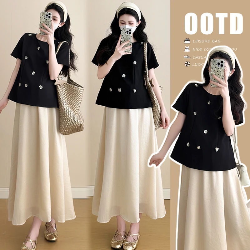 孕妇装夏季新款洋气法式桔梗气质显瘦订花上衣宽松舒适百搭半身裙