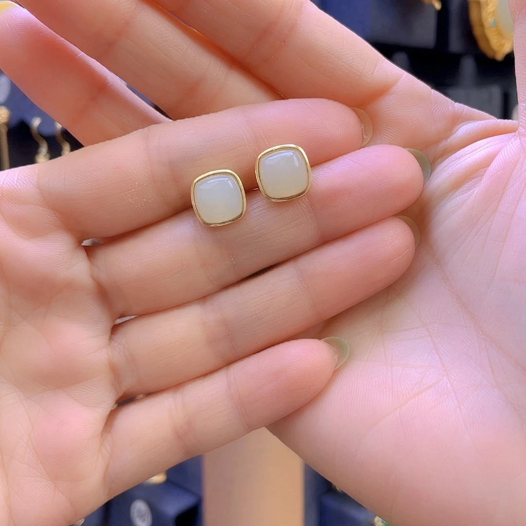 和田玉耳饰银S925镀金镶嵌