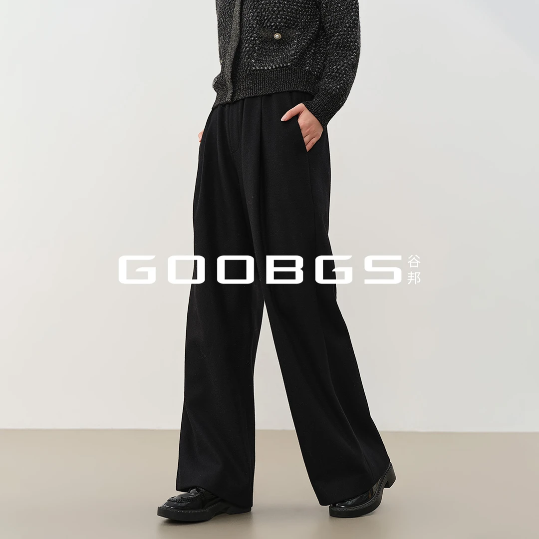 GOOBGS黑色毛呢阔腿裤高腰显瘦垂感休闲直筒裤长裤子B5491770
