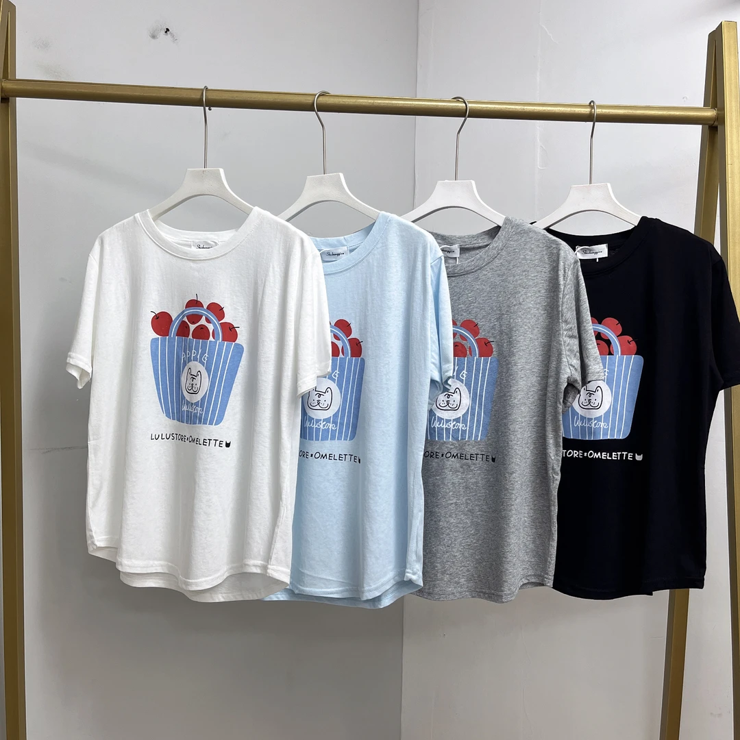 018女装T恤时尚篮子小苹果百搭印花衬衣