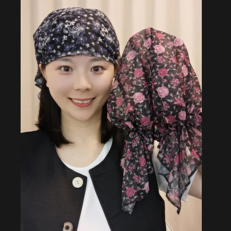 加大版长飘带包头帽碎花帽子洋气成熟妈妈帽夏季镂空网纱透气女