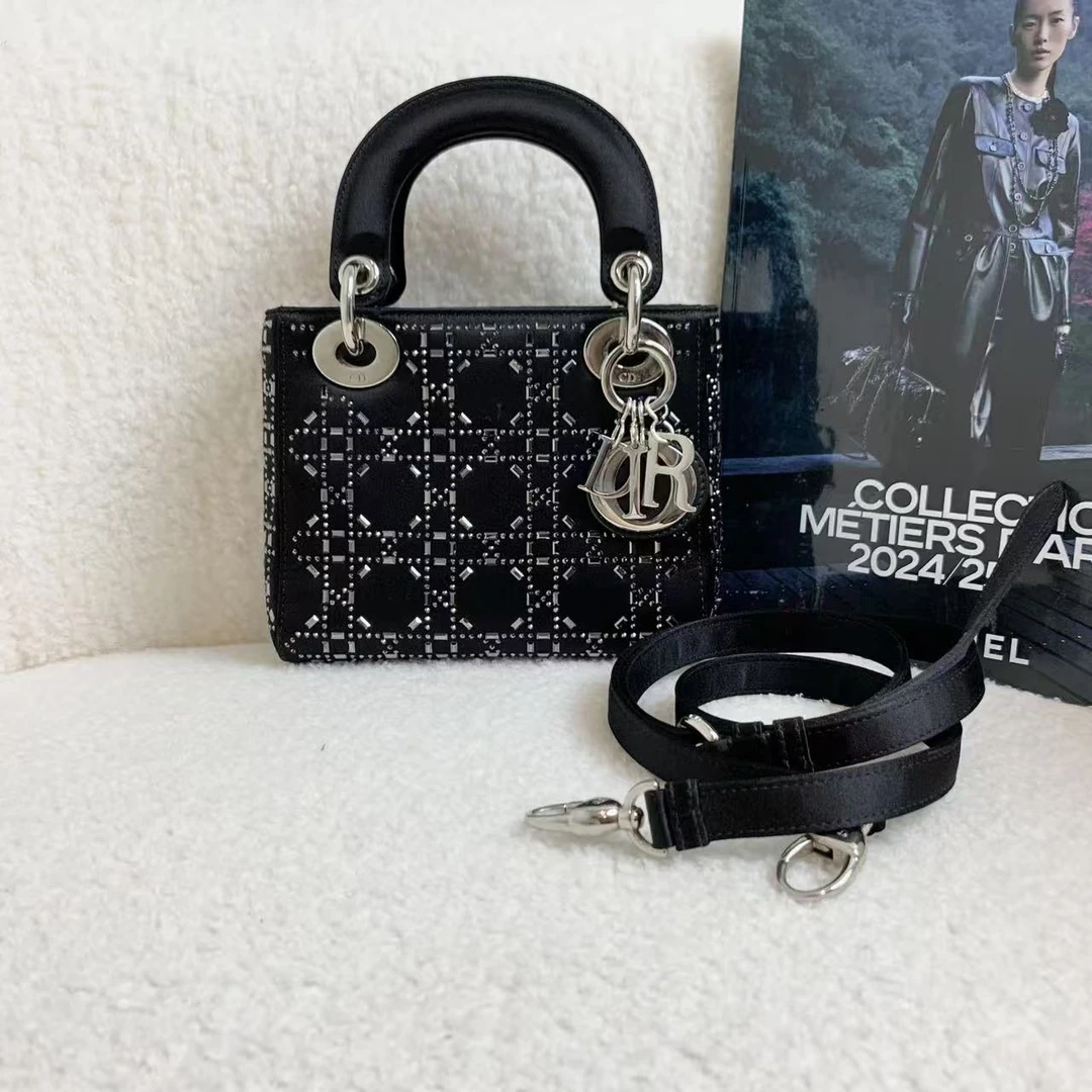 99新 DIOR/迪奥 壹臻/黑色水钻缎面三格戴妃 50516602
