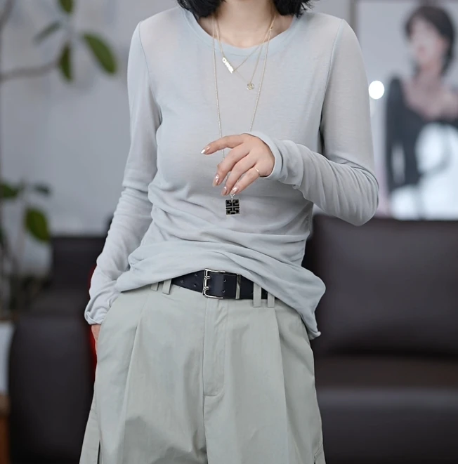 长袖运动休闲女士薄款圆领时尚百搭弹力T恤/4685