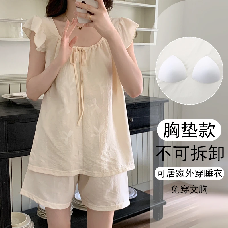 夏季睡衣女款爆款2025新款套装可外穿甜美风短袖带胸垫宽松家居服