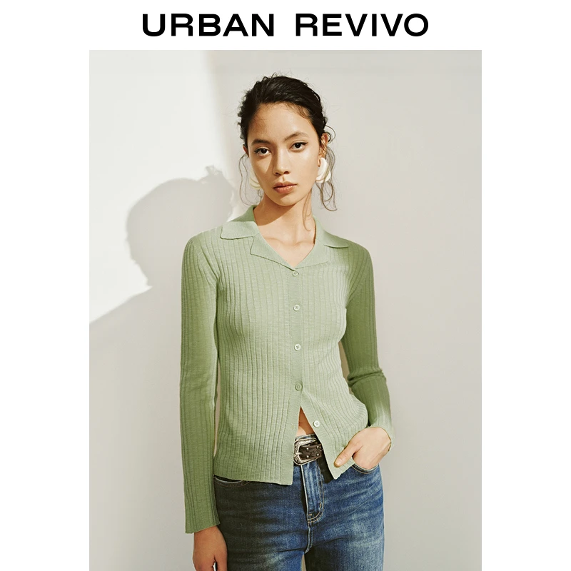 UR2025秋季新款女装简约翻领纽扣竖纹肌理针织开衫UWM950030