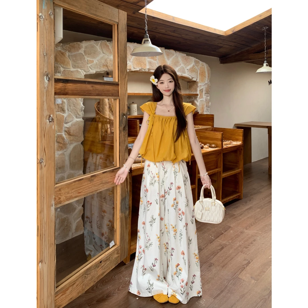 多巴胺少女蝴蝶系带宽松显瘦无袖背心上衣百搭阔腿裤套装气质甜美