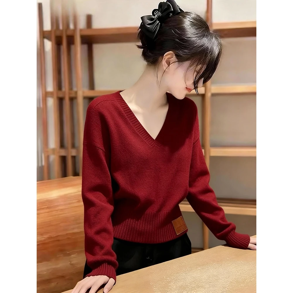 安可拉红法式轻熟慵懒风V领显瘦毛衣女秋冬新款百搭宽松长袖上衣