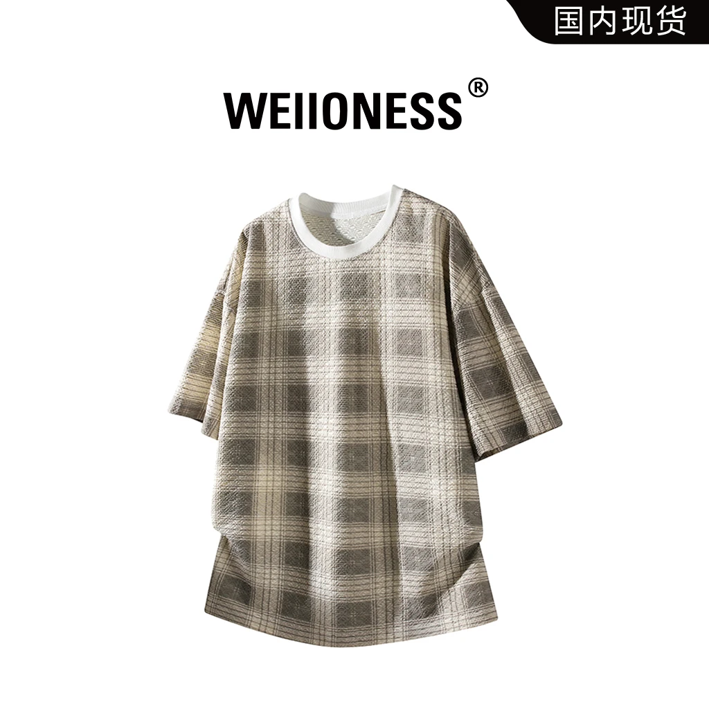 WEIIONESS短袖T恤男2025夏季新款美式复古格子上衣轻奢高级感男装
