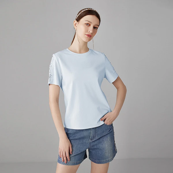 【夏天专享】朝峰浅蓝蕾丝拼接T恤FJF1B629-6170B