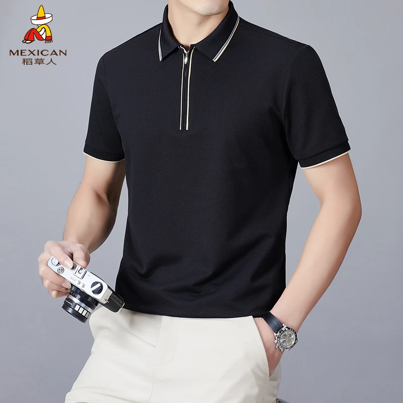 稻草人男士夏季透气高档半袖百搭翻领拉链POLO衫