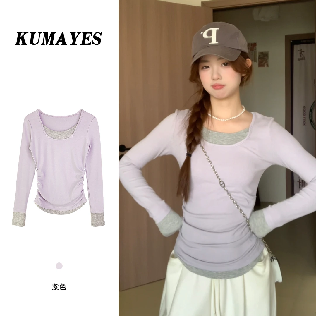 KUMAYES撞色拼接假两件长袖T恤女辣妹风修身套头u领内搭打底衫