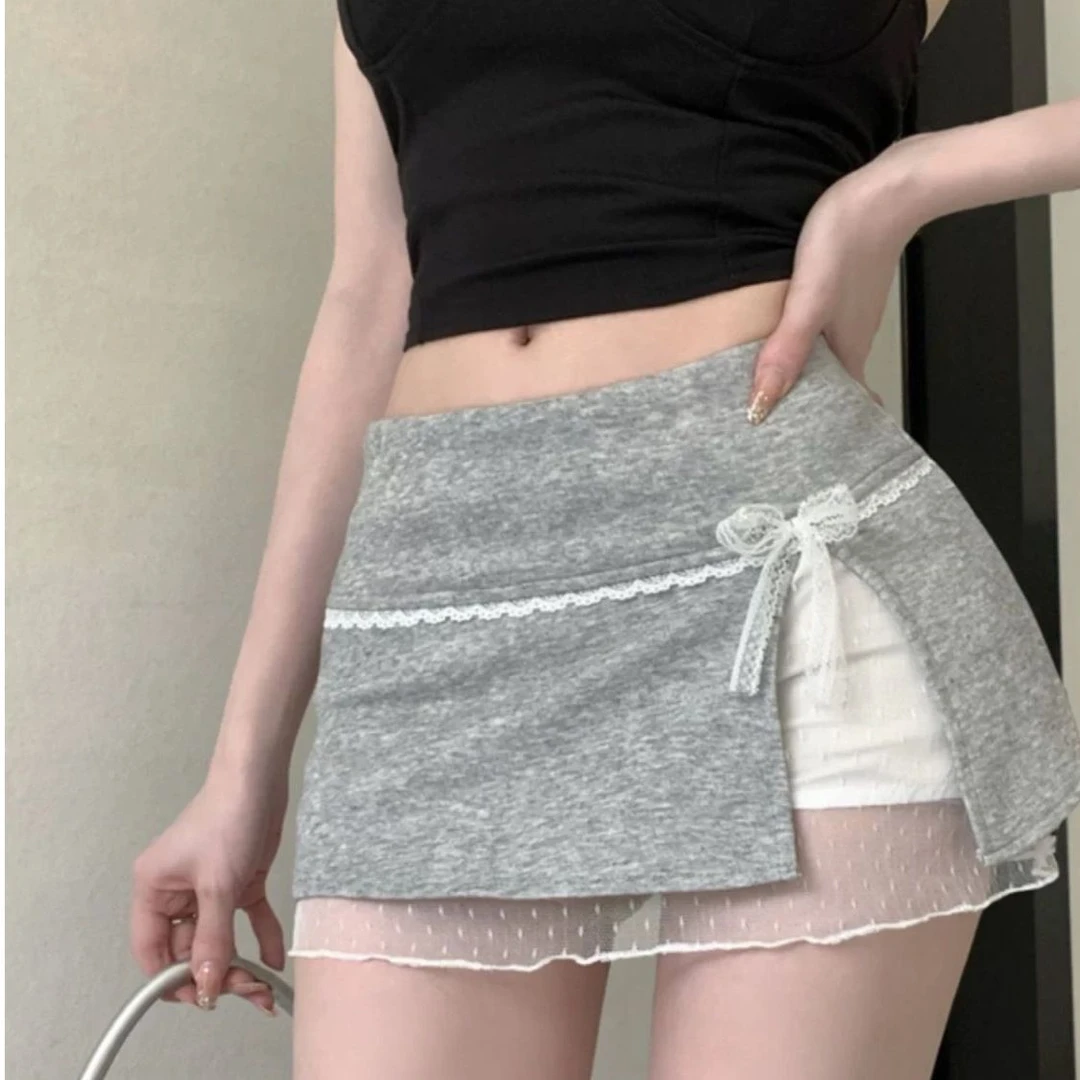 夏季新款甜妹纯欲性感蕾丝拼接蝴蝶结双层防走光A字包臀短裙女裙