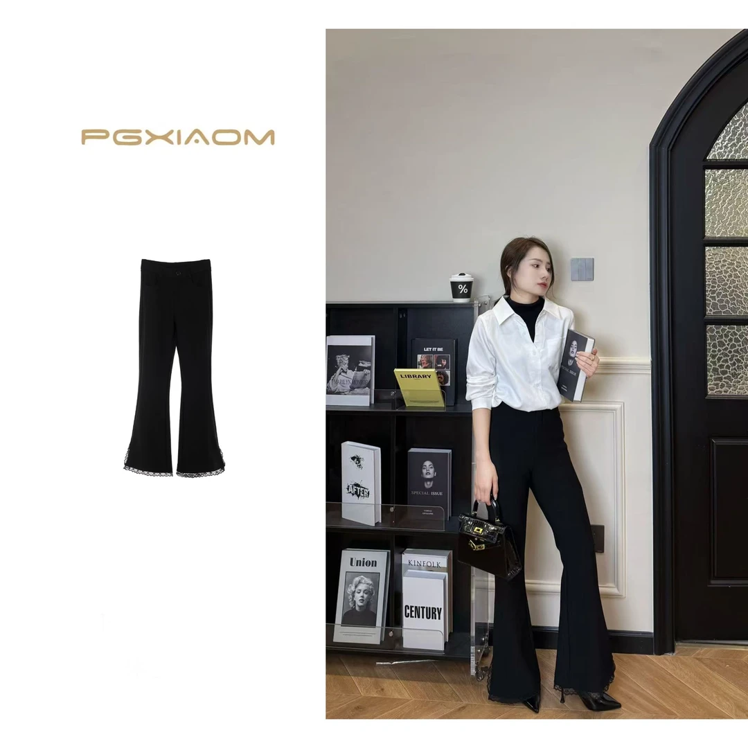 【PGXIAOM】润秀定制黑色蕾丝边微喇裤KZ9751