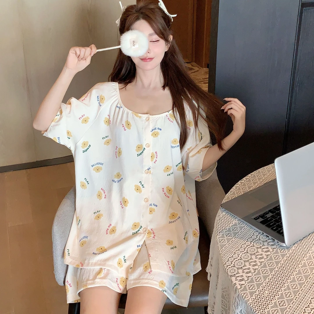夏季薄款大码睡衣套装圆领卡通短袖宽松版家居服网红学生甜美胖MM