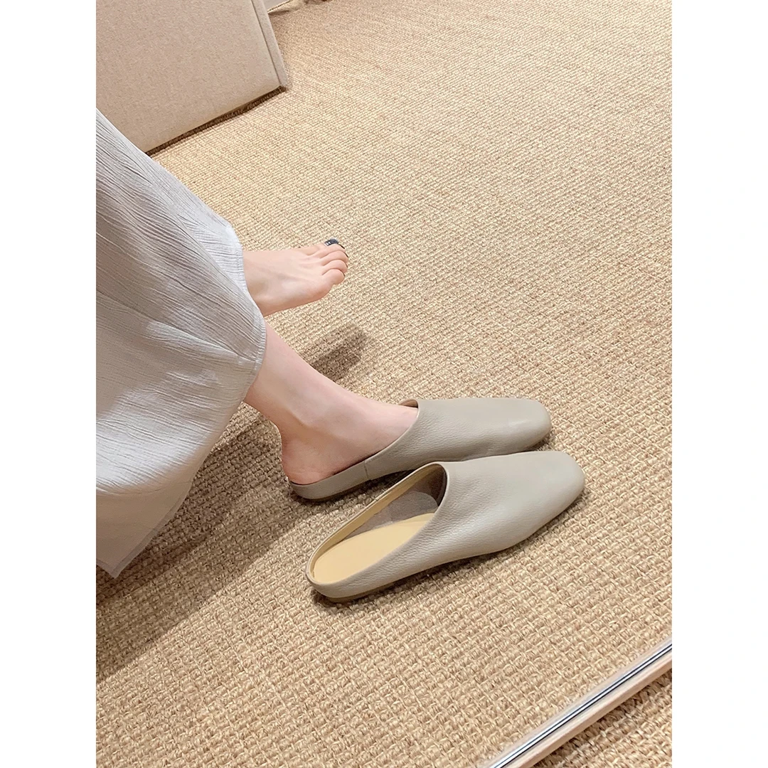 羊皮版~凉拖鞋女夏季外穿2025新款一脚蹬平底休闲穆勒包头半拖鞋