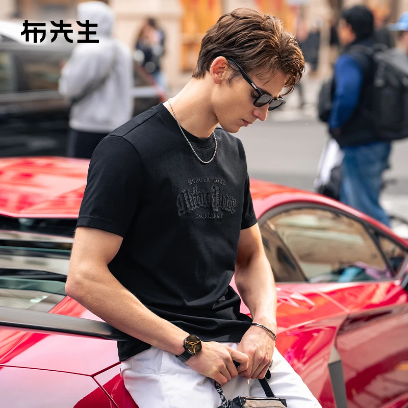 布先生凉感抗皱绣花T恤2025初秋简约时尚烫钻男士圆领短袖ET16189