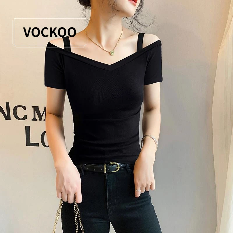 VOCKOO黑色V领短袖t恤女2025新款夏季棉质露肩设计感小众体恤半袖