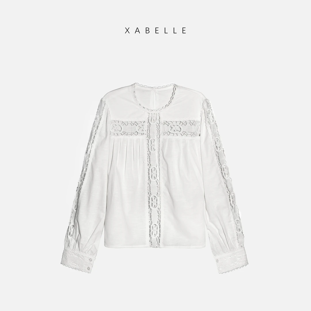 XABELLE 镂空衬衫 25法式蕾丝 百搭圆领花边亚麻衬衫25013