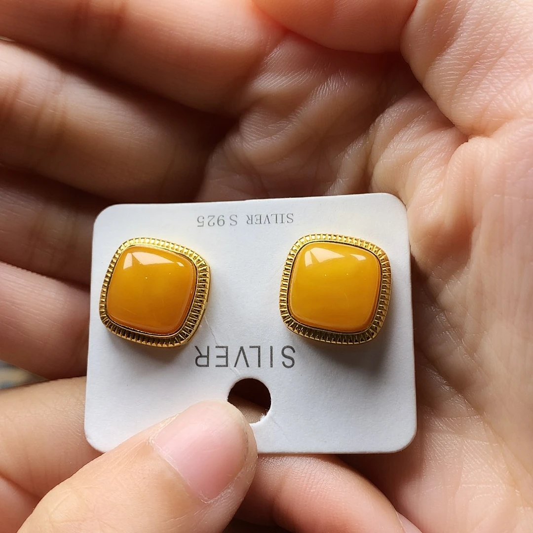 蜜蜡耳饰银S925镶嵌耳钉