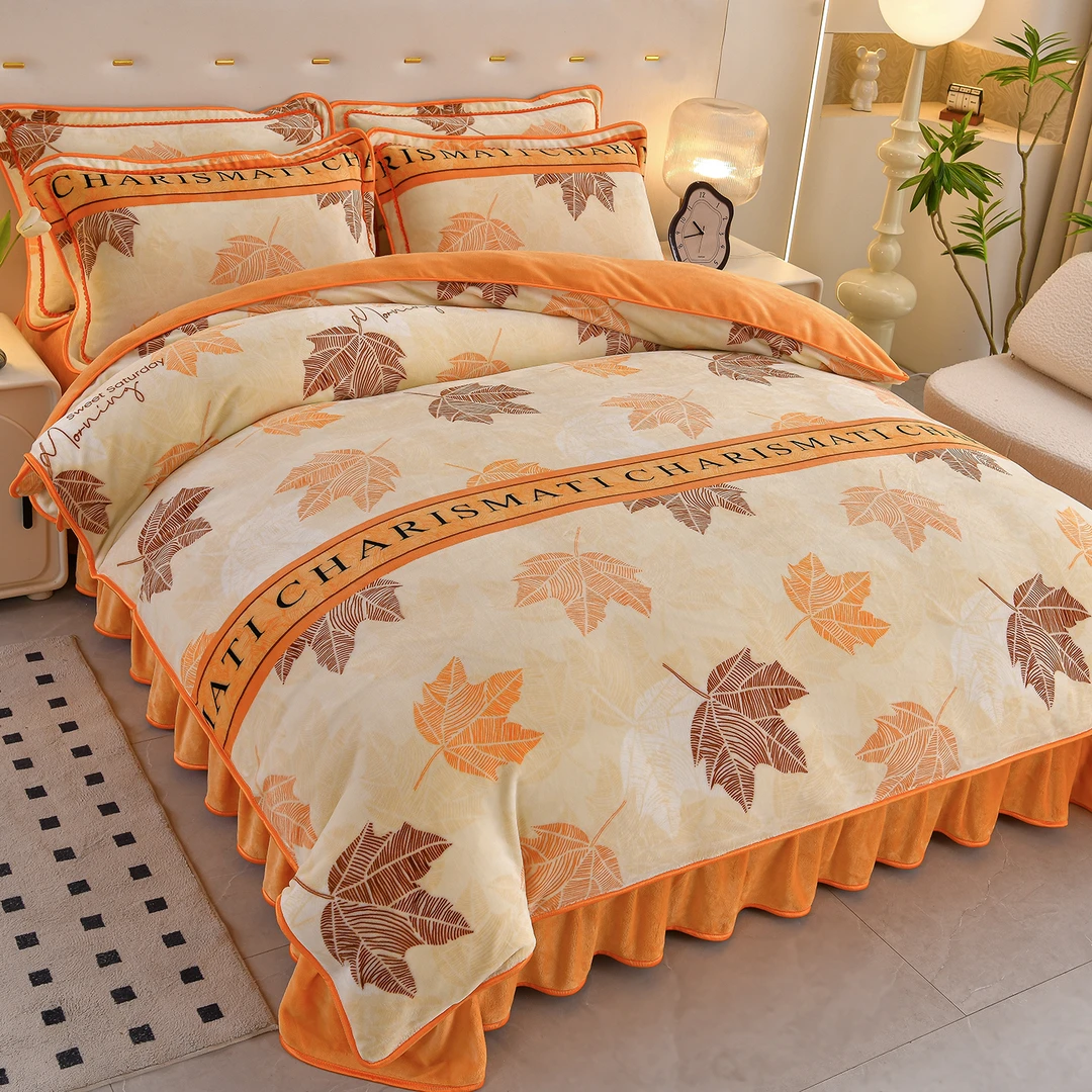 秋冬新款8-9斤加厚保暖双面绒床裙款牛奶绒四件套床上用品