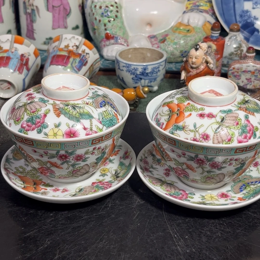 上***水粉彩一对三才盖碗