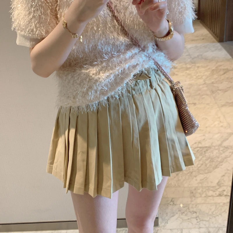 【张静芝】松紧腰卡其色百褶半身裙